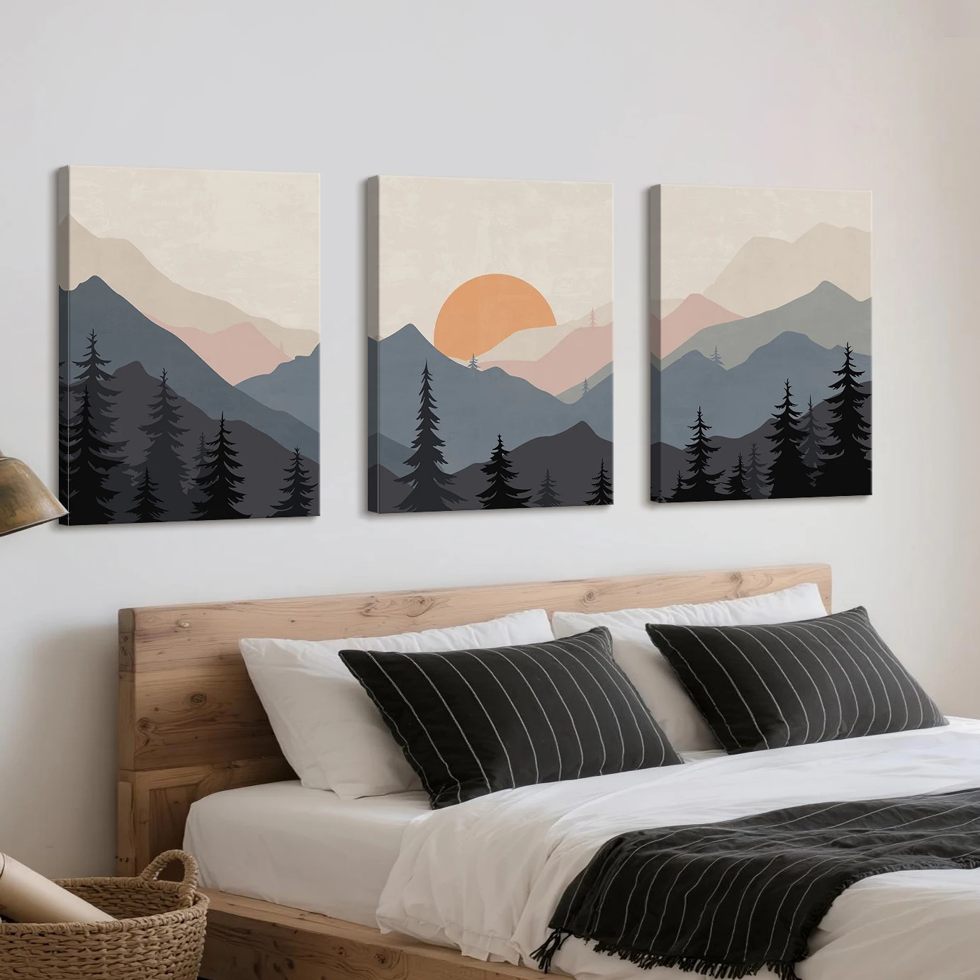 Modern Abstract Boho Sun Canvas 3pc Framed Art Landscape Painting Minimalist Wall Pictures Posters Prints Living Room Home Decor