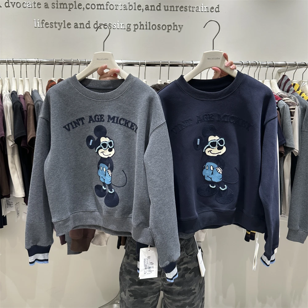 2025 Autumn Winter New Women's Short Loose Jacket Hoodies Heavy Embroidery Glasses Cartoon Pullover Crew Neck Sweatshirt Coat