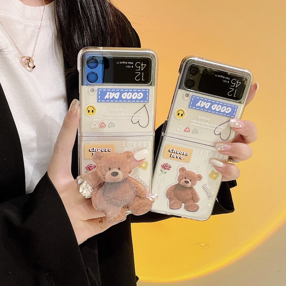 Cute Cartoon bear Phone Case for Samsung Galaxy Z Flip 3 ZFlip Lovely Animal Stand Folding Clear Soft Cover Kickstand