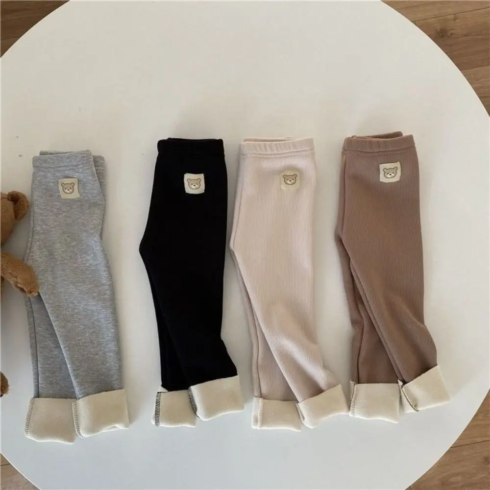 Fleece Lined Legging Soft Fabric Elastic Waist Toddler Pantyhose Warm Thickness Bear Patch Long Pants Socks Autumn and Winter