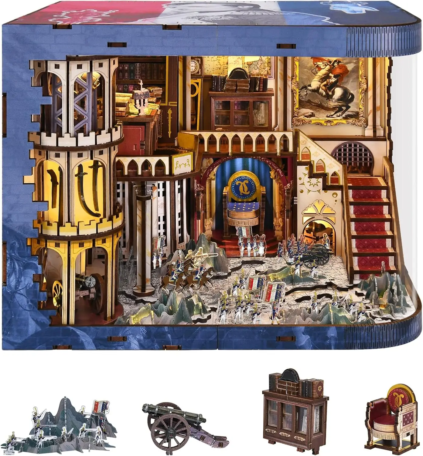 Napoleon DIY Book Nook Kit, Wooden 3D Bookshelf Insert with LED | 7.1 x 9.1 x 7.1 in; 570 pieces, LED and dust cover; glue/tools