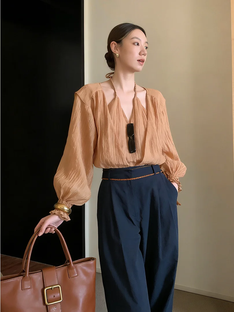 

Ele Orange Ne Hanging Svel irt Unique Design Lantern Sve Inner Wear French Sle Loose Fit V-Ne Women's Top