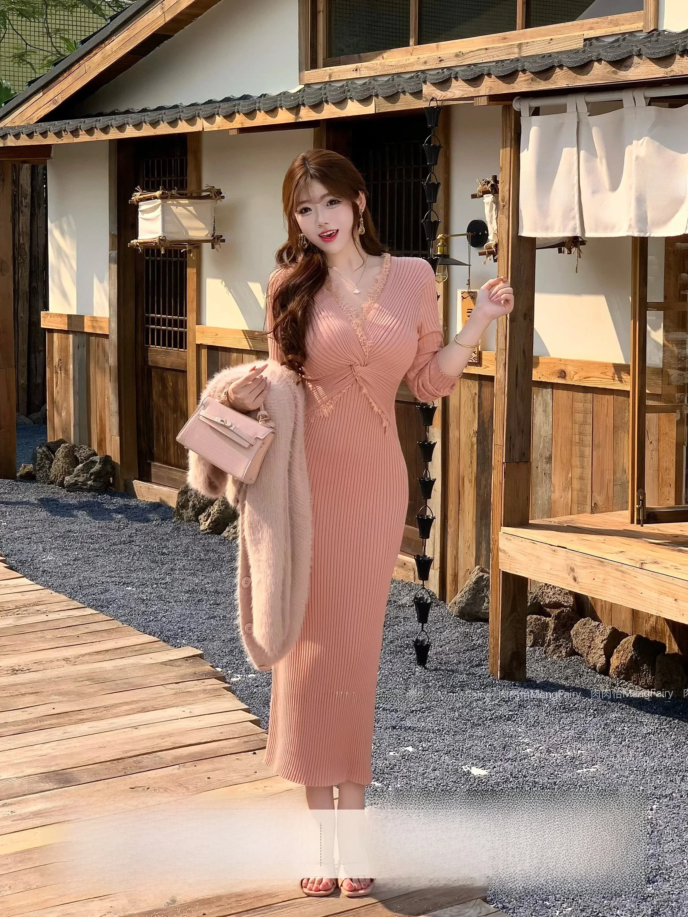

Red Knitted Lace Slim Fit Thi Winter Dr Pure Desire Sle Cotton Long Sve V Ne Zipper Closure H pe Bodycon Dr