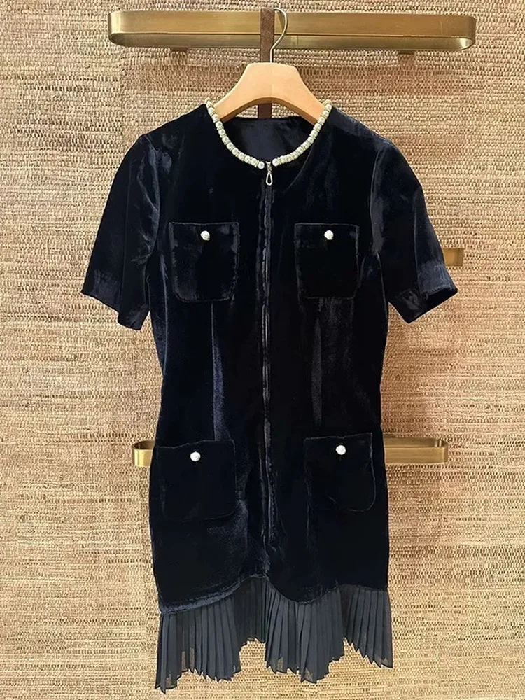 

Ele Bla Velvet Dr with Pearl Button round Ne Zipper Skirt Ci Commute A-Line Skirt ort Sve High Waist