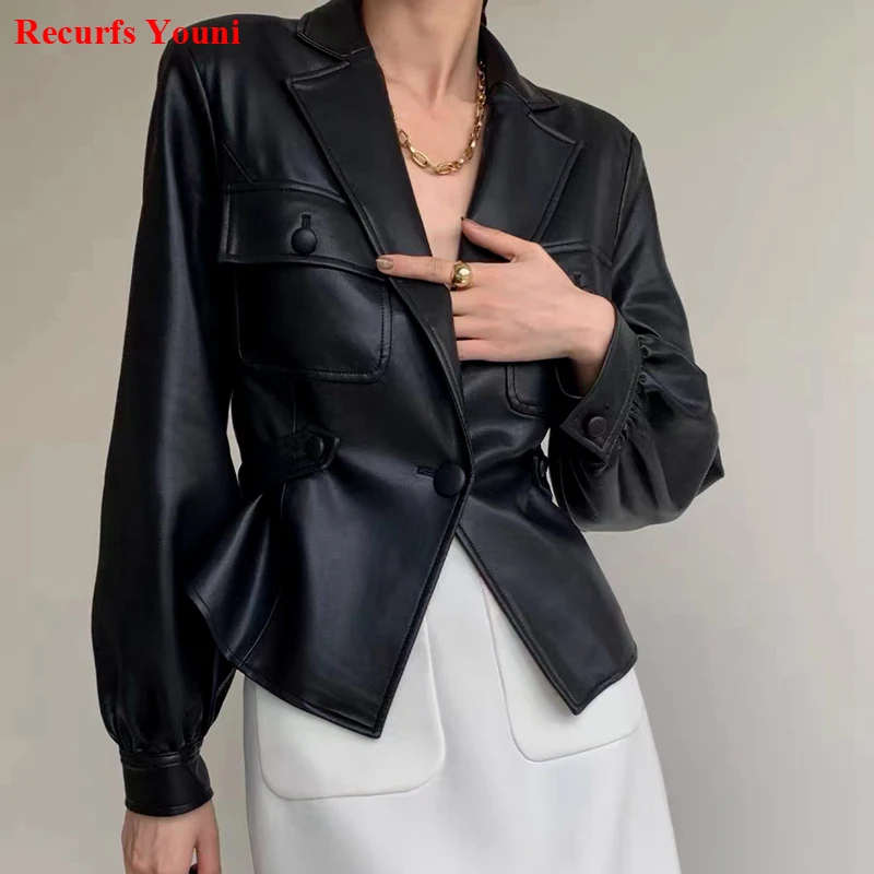 Leather Jacket Women 2023 Spring Suit Collar One Button Slim Waist Design Pocket Short Coat Female Thin Chaqueta Cuero Mujer