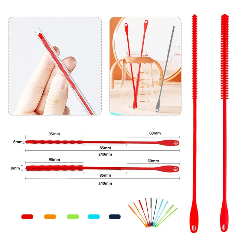 6/8mm Silicone Straw Brushes, 24cm Extra Long Straw Cleaning Brush Reusable Bendable Brush Pipe for Smoothie Straw Washing