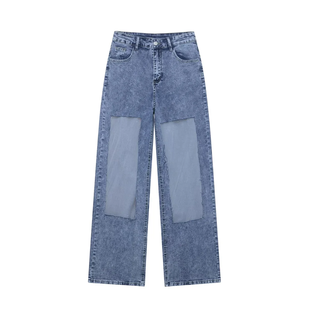 

New women's clothing European and American style fashionable simple and versatile mesh splicing high waisted jeans