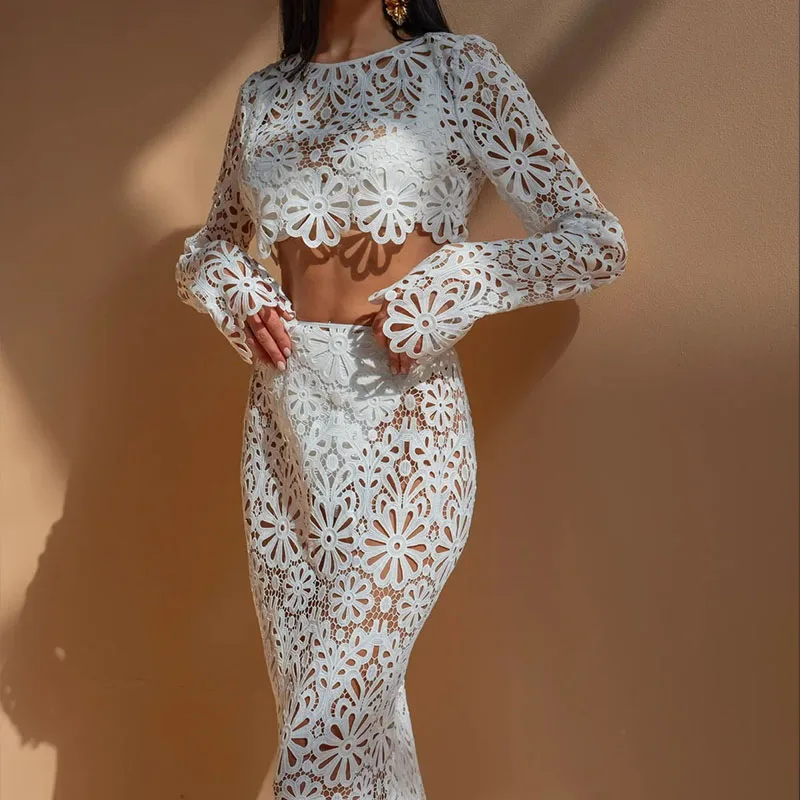 Sexy Embroidery Flower Lace Jacquard Suit Women Spring Long Sleeve Crop Top and Long Skirts Set Summer O Neck Hollow 2pcs Outfit