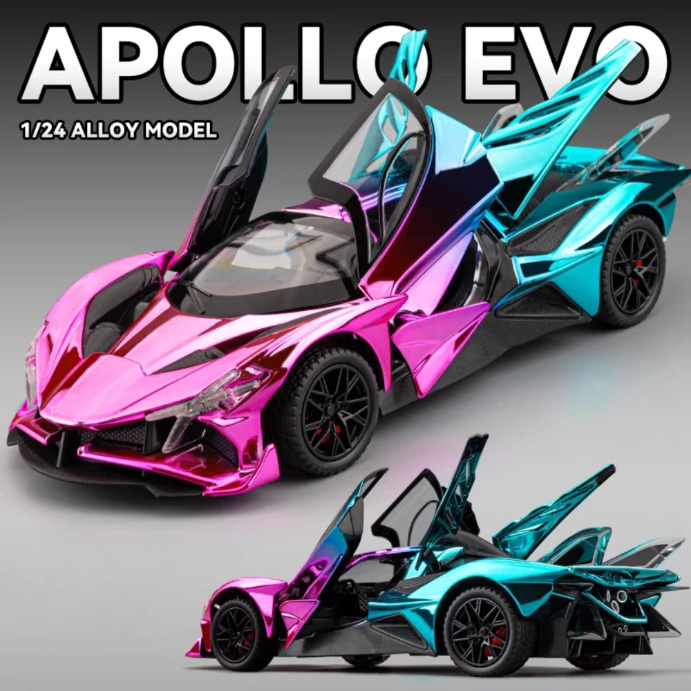 1:24 Scale Plating Apollo Project EVO Sports Car Model Toy Pull Back Sound Light Wheel Steering Supercar Models Desktop Ornament