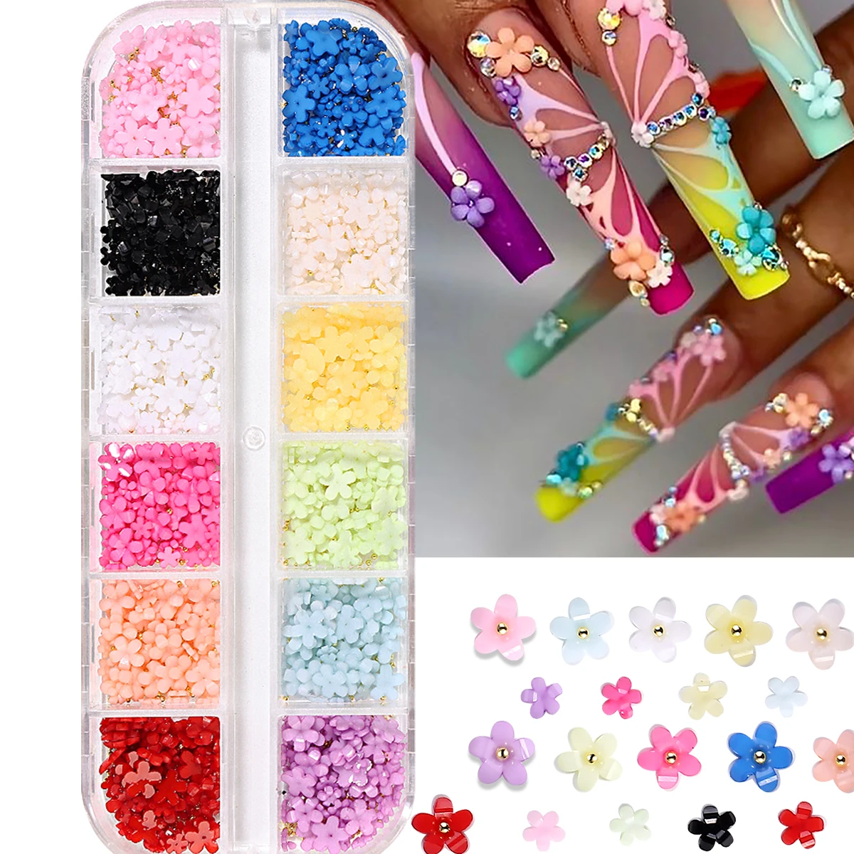 ดอกไม้อะคริลิค 3 มิติ สำหรับตกแต่งเล็บ (มีลูกปัดเหล็ก) ดอกไม้หลากสีสัน 5 กลีบ สำหรับตกแต่งเล็บ ทำเล็บ DIY อุปกรณ์ทำเล็บ