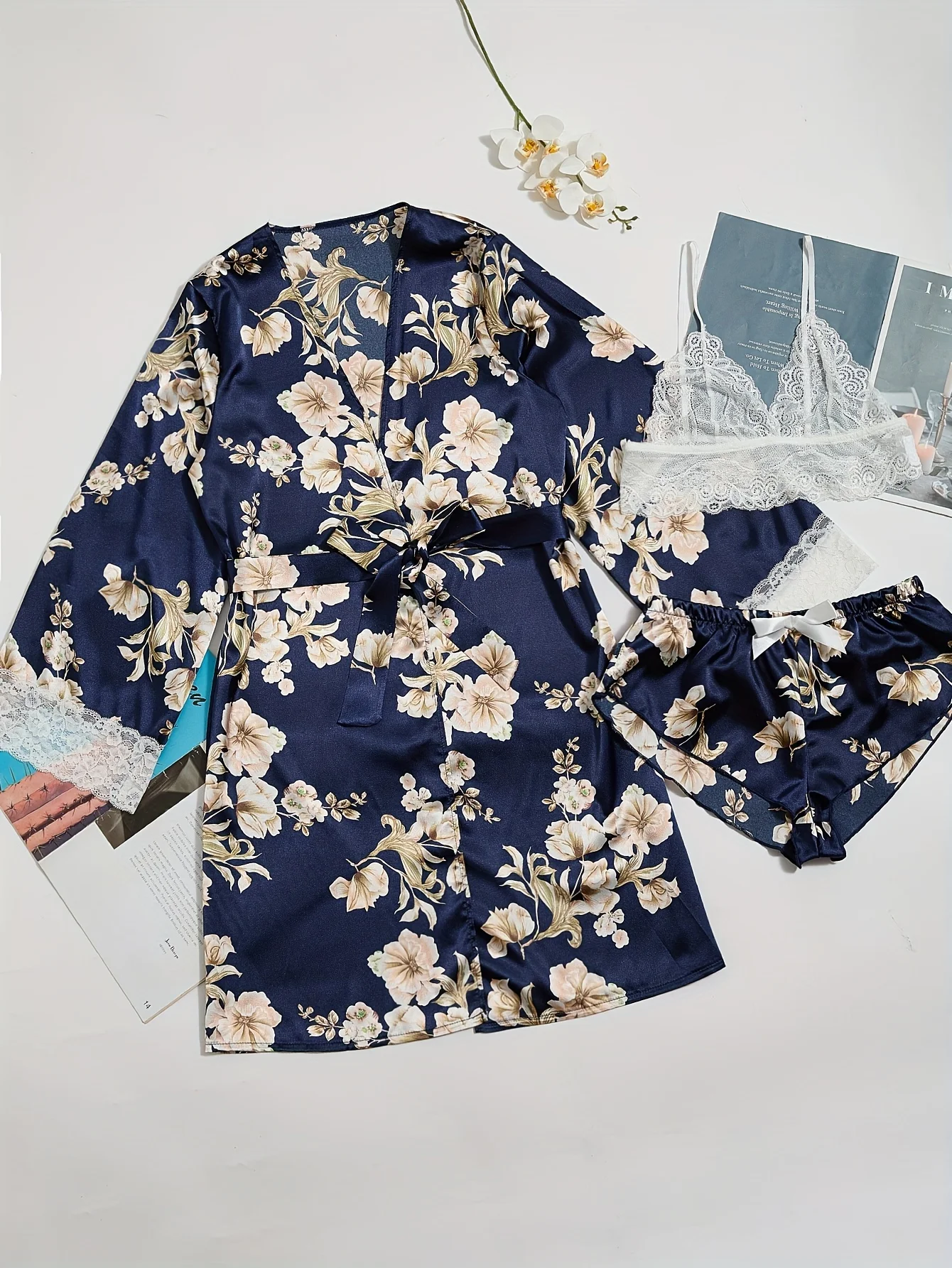 2 Pcs Elegant Floral Print Pajamas Set, Casual Long Sleeve Short Robe + Lace Trim Cami Top + Lounge Shorts, Women\'s & Sleepwear