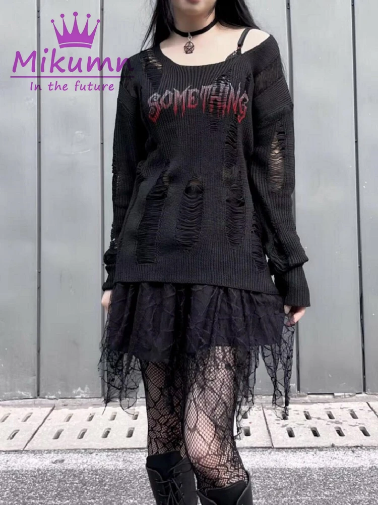 Y2K Grunge Knitted Sweater Women Gothic Punk Knitted Jumper Hole Hollow Out Letter Print Loose Pullover Emo Alt Knitwear