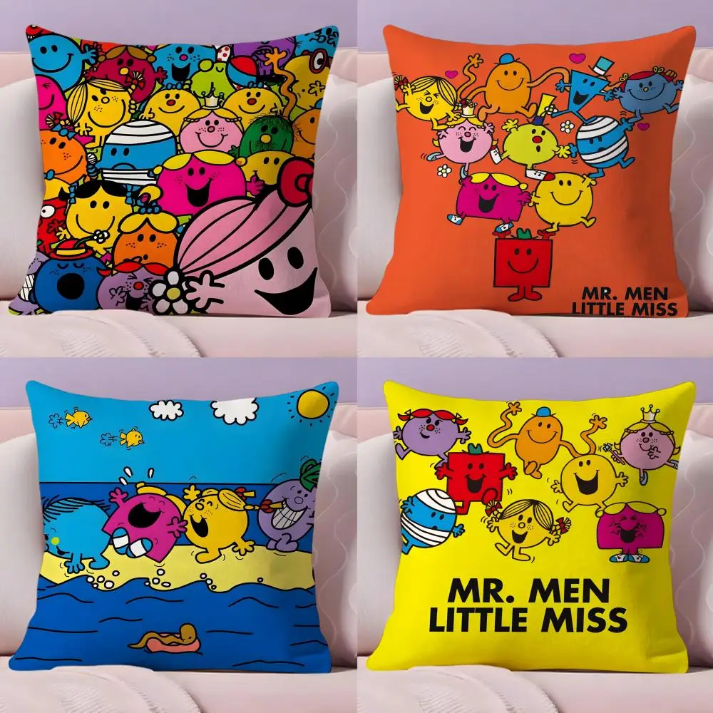 Mr. Men and L-Little Miss Cushion Cover Plush Fabric Double-Sided Printed Invisible Zipper Sofa Pillow Case Home Bedroom Decor