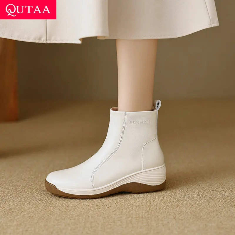 

QUTAA 2025 Women Ankle Boots Thick Sole Casual High Heels Genuine Leather Square Toe Autumn Winter Boots Shoes Size 34-39