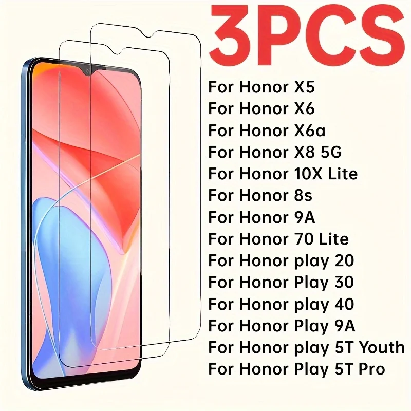 3 Stück Full Cover Gehärtetes Glas Displayschutzfolie für Honor X9c X8b X7a X6 Honor Play 20 30 40 Plus Transparente Stahlglasfolie