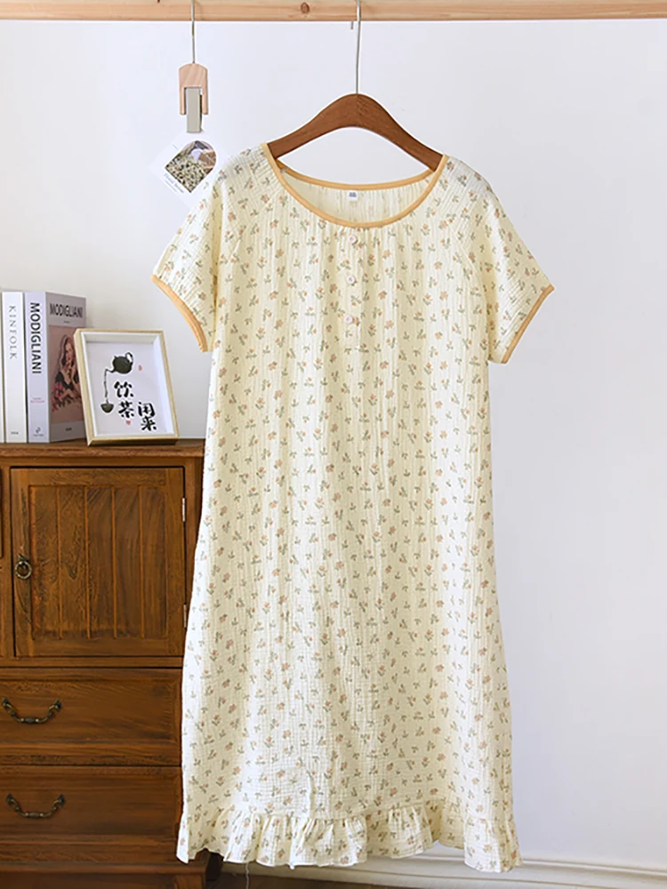 Chemise de nuit à manches courtes florales pour femmes, pyjamas décontractés fins coréens, pull doux pour femmes, col rond, vêtements pour la maison, été