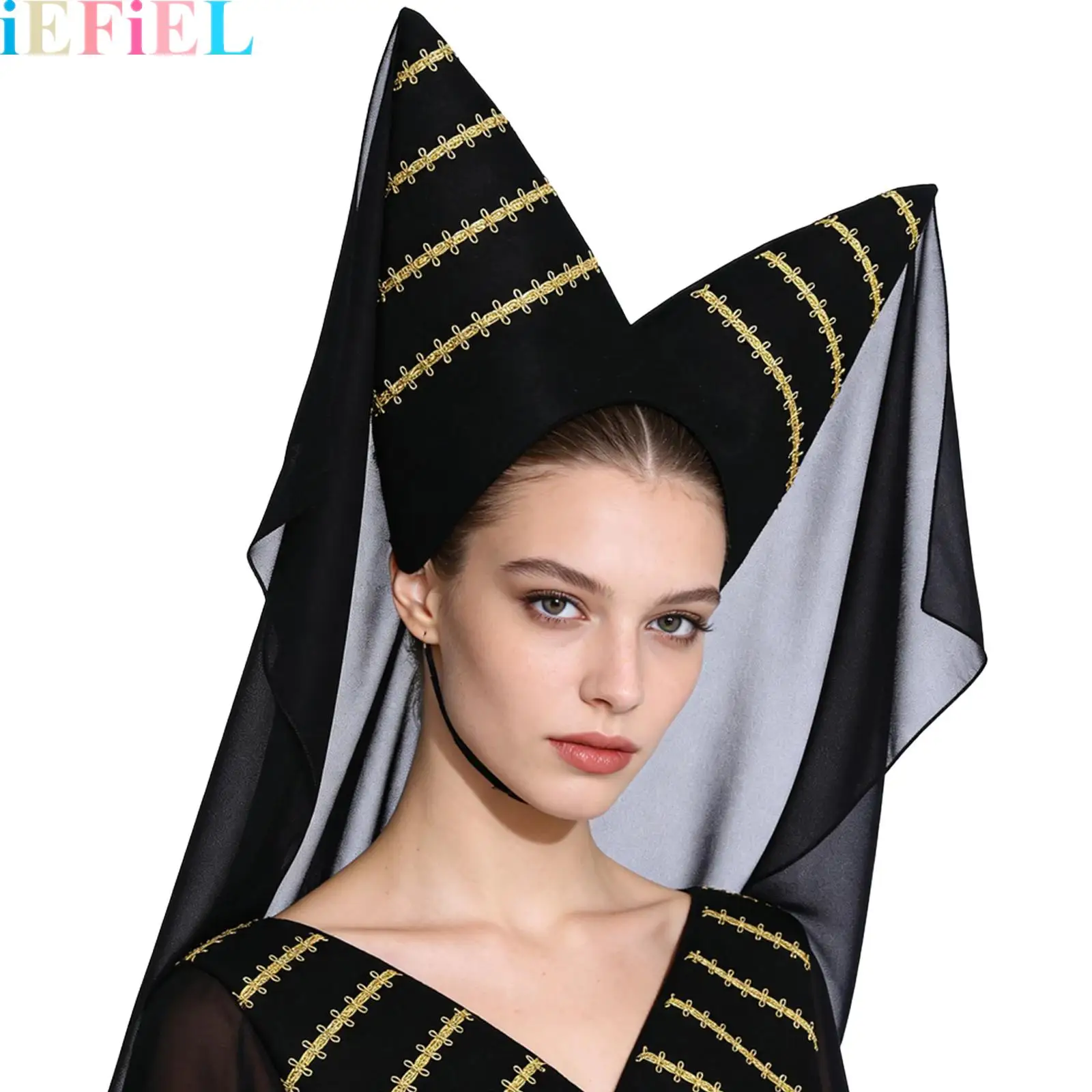 

Women 15th Century Headdress Medieval Bicorn Hat with Veil Adorned Gold Braided Tape Hat for Renaissance Cosplay Accessory