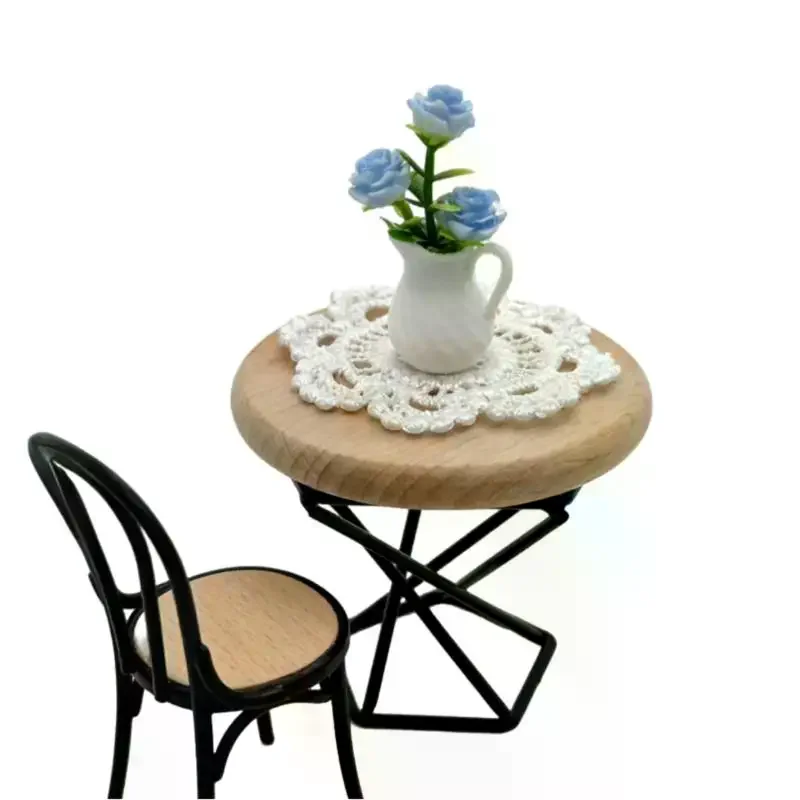 1/12 Dollhouse Mini Round Coffee Table Vase Model Set Dollhouse Living Room Furniture Ornaments Doll House Accessories