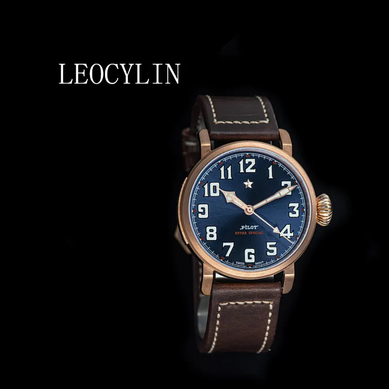 LEOCYLIN Aviation Pilot bronze Automatic mechanical watches sapphire Glass luminous waterproof 44mm Seagull movement Wristwatch