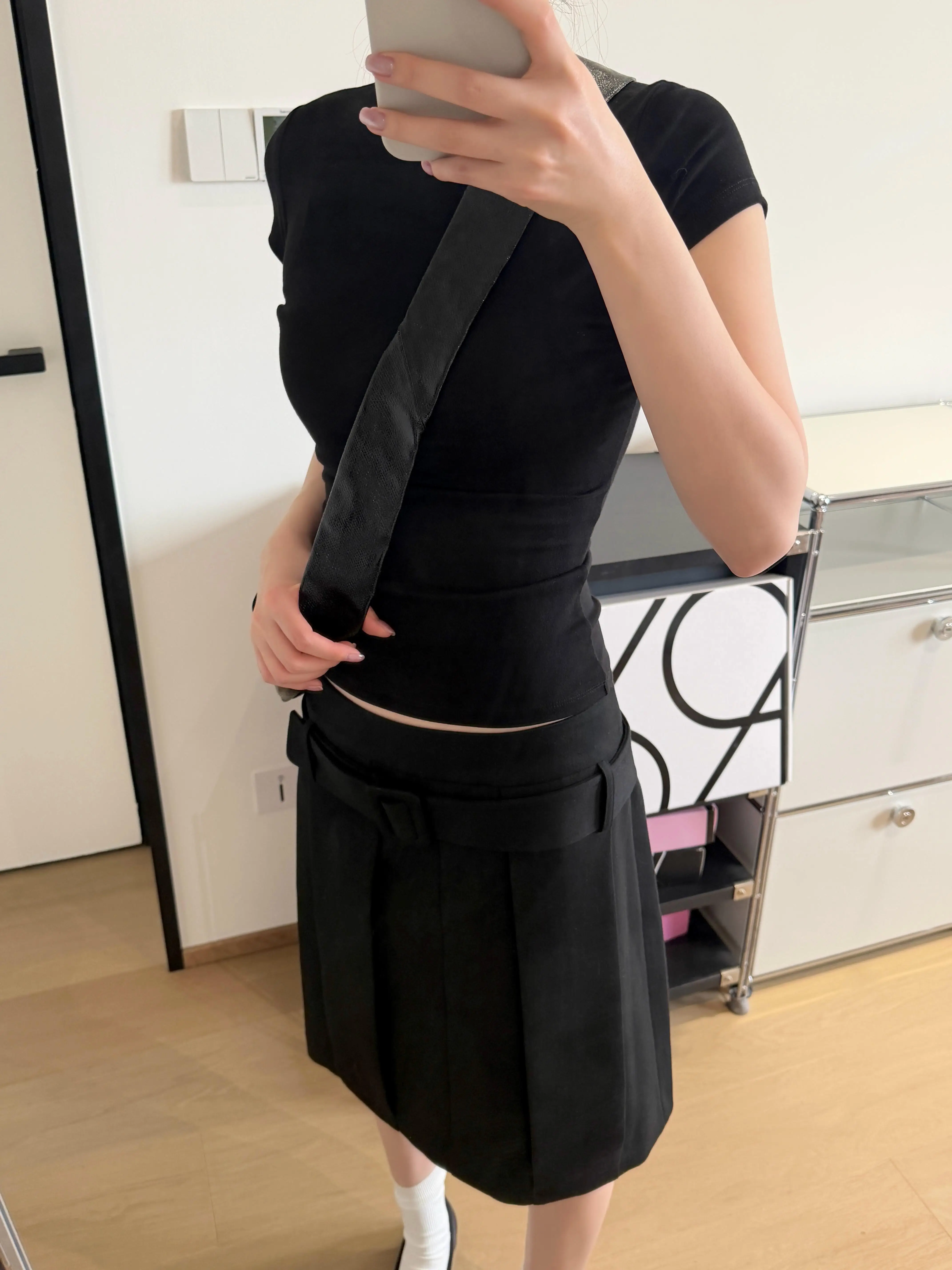 Retro American 3D Pleated Midi Waist Belted Skirt Women's Spring Summer Black Woolen  Midi Skirt Casual City Commute