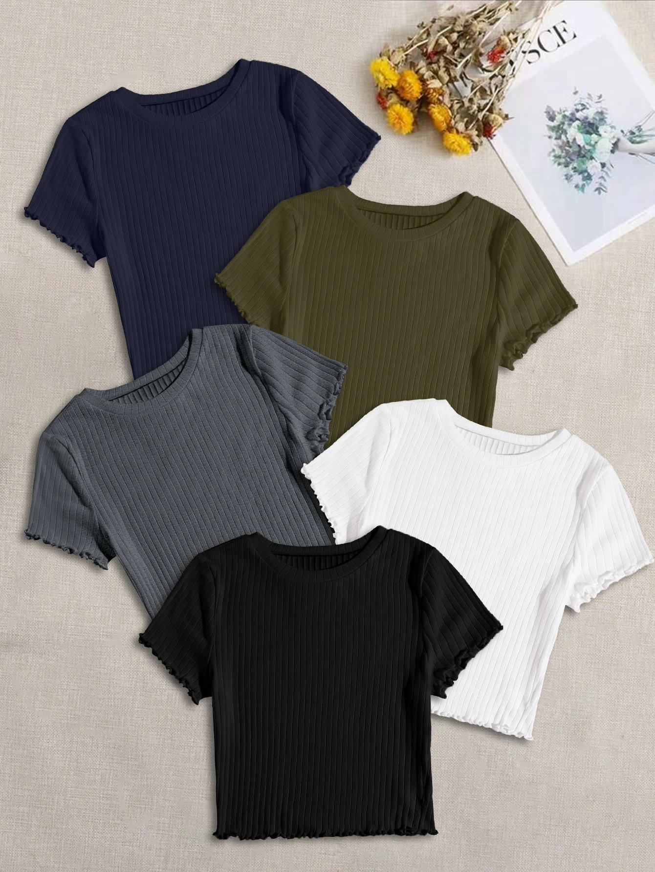 

Spring, Summer and Autumn Solid Color Casual Round-neck T-Shirts Set of Five