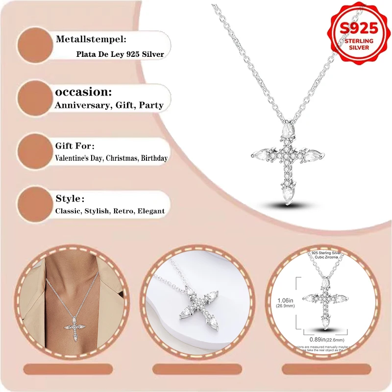 Collares de Plata de Ley 925 para Mujer, Collar con Colgante de Cruz con Circonitas Brillantes, Regalos de Moda para Aniversario, Cumpleaños, DIY