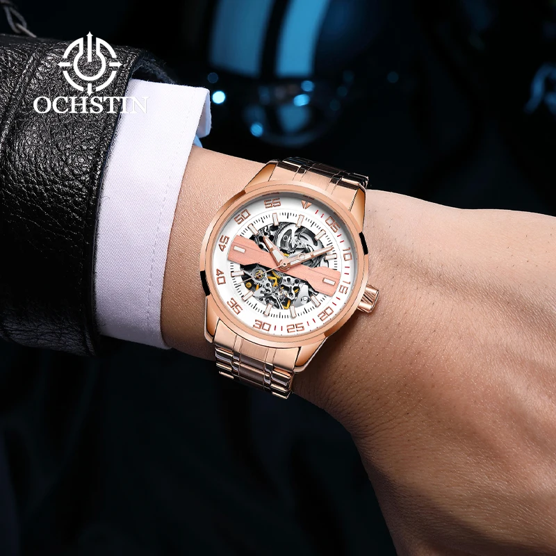 OCHSTIN Master Series Men's Stainless Steel Strap Wristwatch Man Mechanical Movement Skeleton Watches Luminous Hand Clock