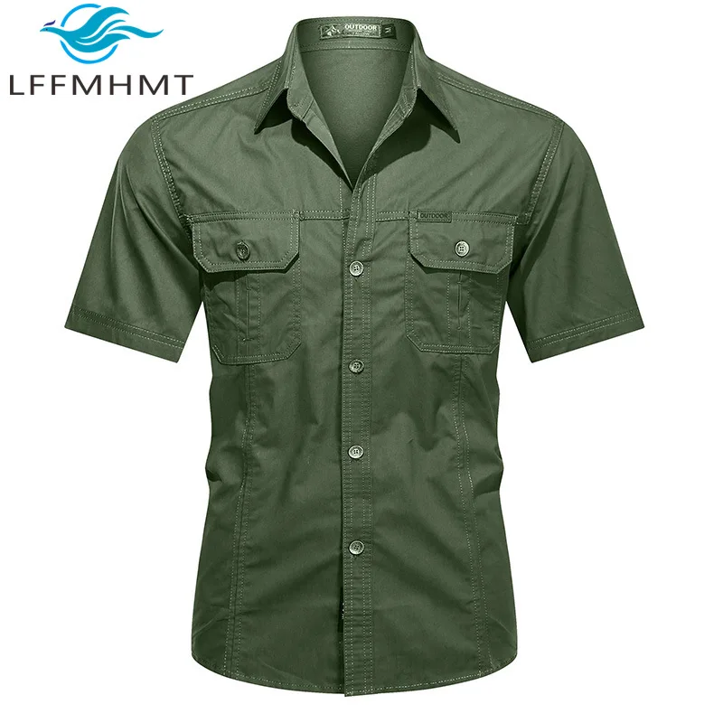 

100% Cotton Good Quality Cargo Shirt for Men Summer Fashion Short Sleeve Multi-pocket Lapel Blouse Teens Outdoor Daily Tops