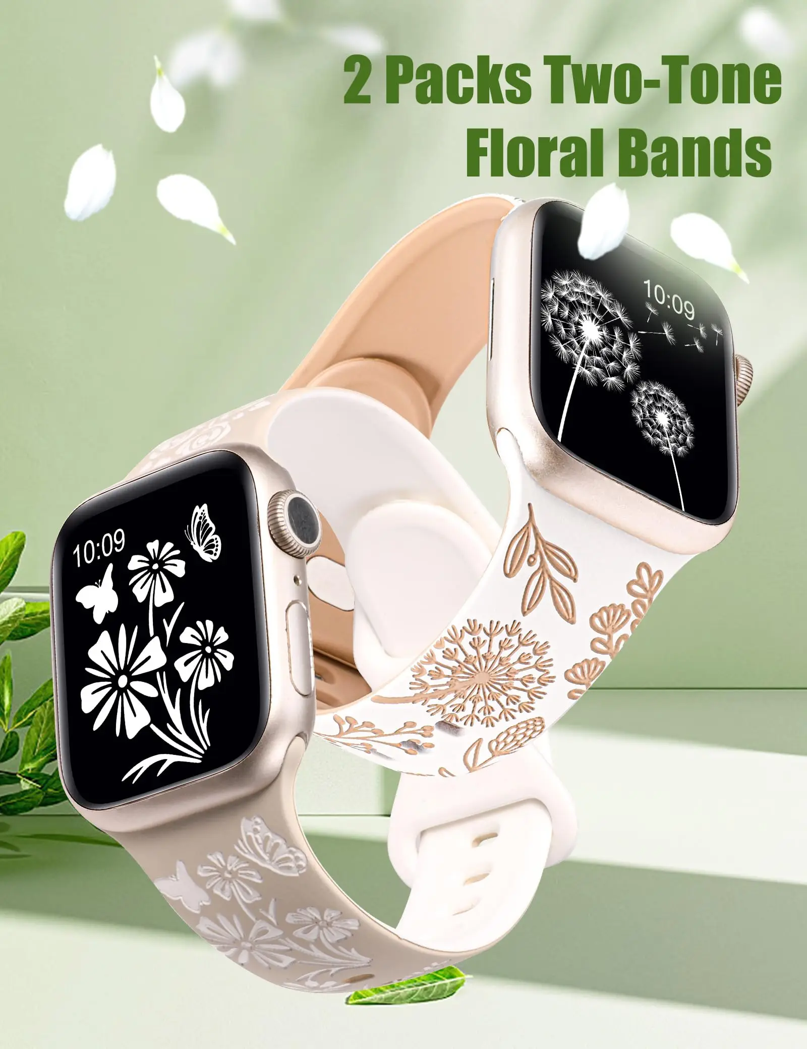 2 Pack Two-Tone Floral Engraved Strap for Apple Watch Band 40mm 49mm 45mm 44mm Silicone bracelet Correa iWatch 9 8 7 6 5 Ultra 2