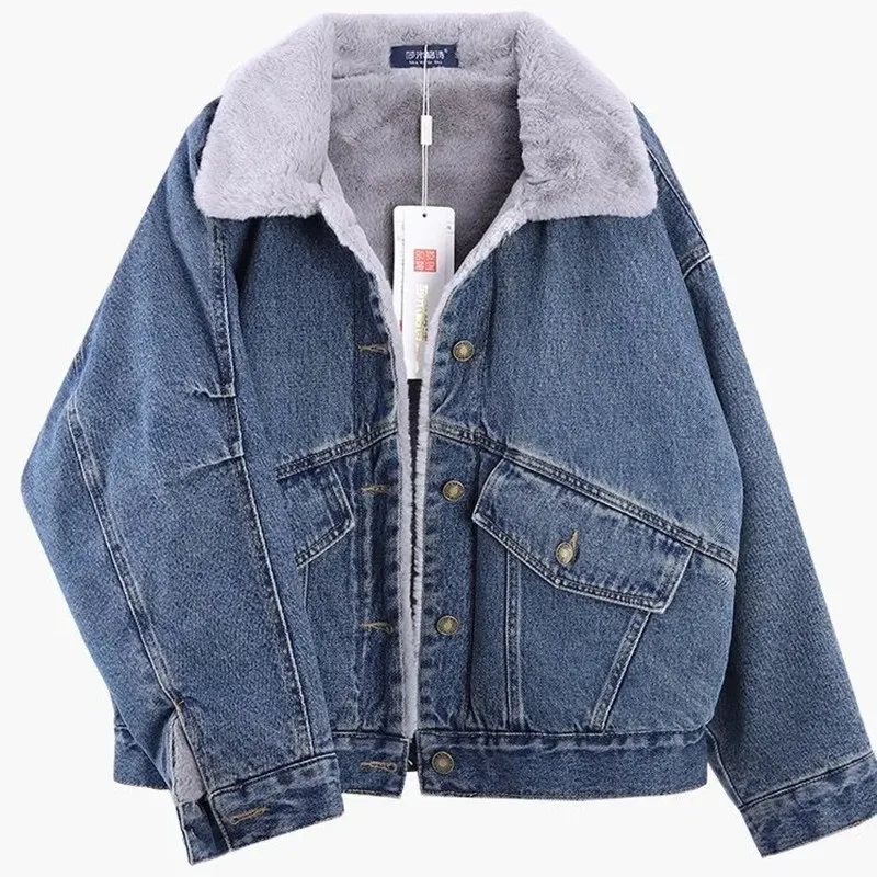 Thick Denim Jacket With Added Fleece Women Jacket Autumn and Winter New Korean version Loose fit slimming Warm Cotton Jacket F4