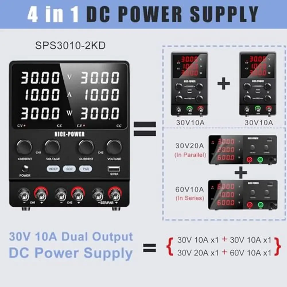 High Precision Dual DC Power Supply 30V 10A Adjustable Series 60V 20A with USB CE & FCC Certified Multiple Protection Encoder