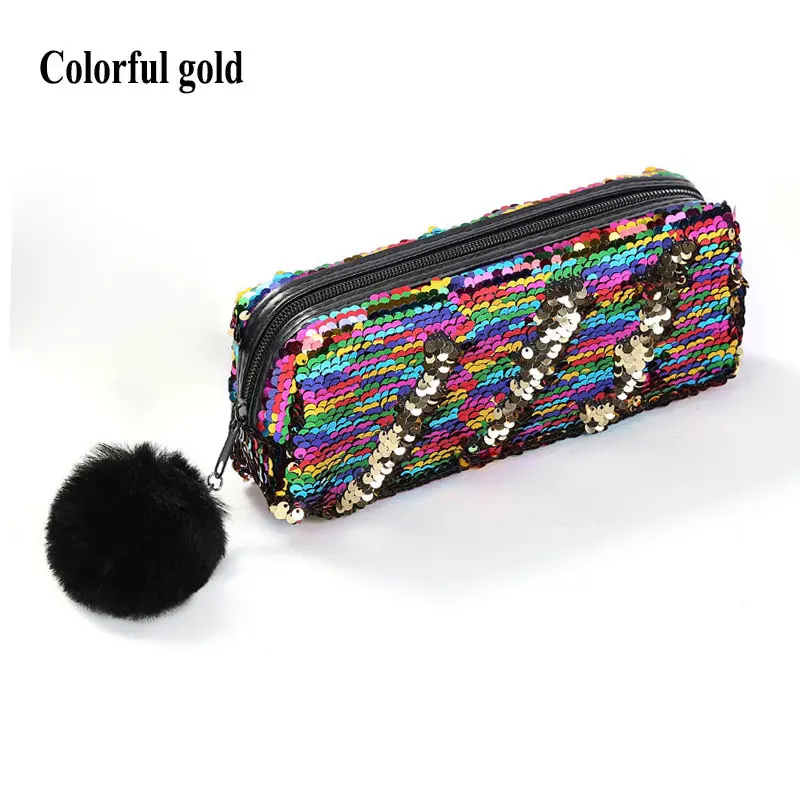 Estuche de lápices de lentejuelas brillantes Reversible con cremallera, caja de lápices de papelería escolar con bolas de pelo, bolsa de