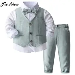 Kids Boys 4Pcs Formal Gentlemen Suit Long Sleeve Shirt with Vest Pants Bowtie for Birthday Wedding Christams Party Performance