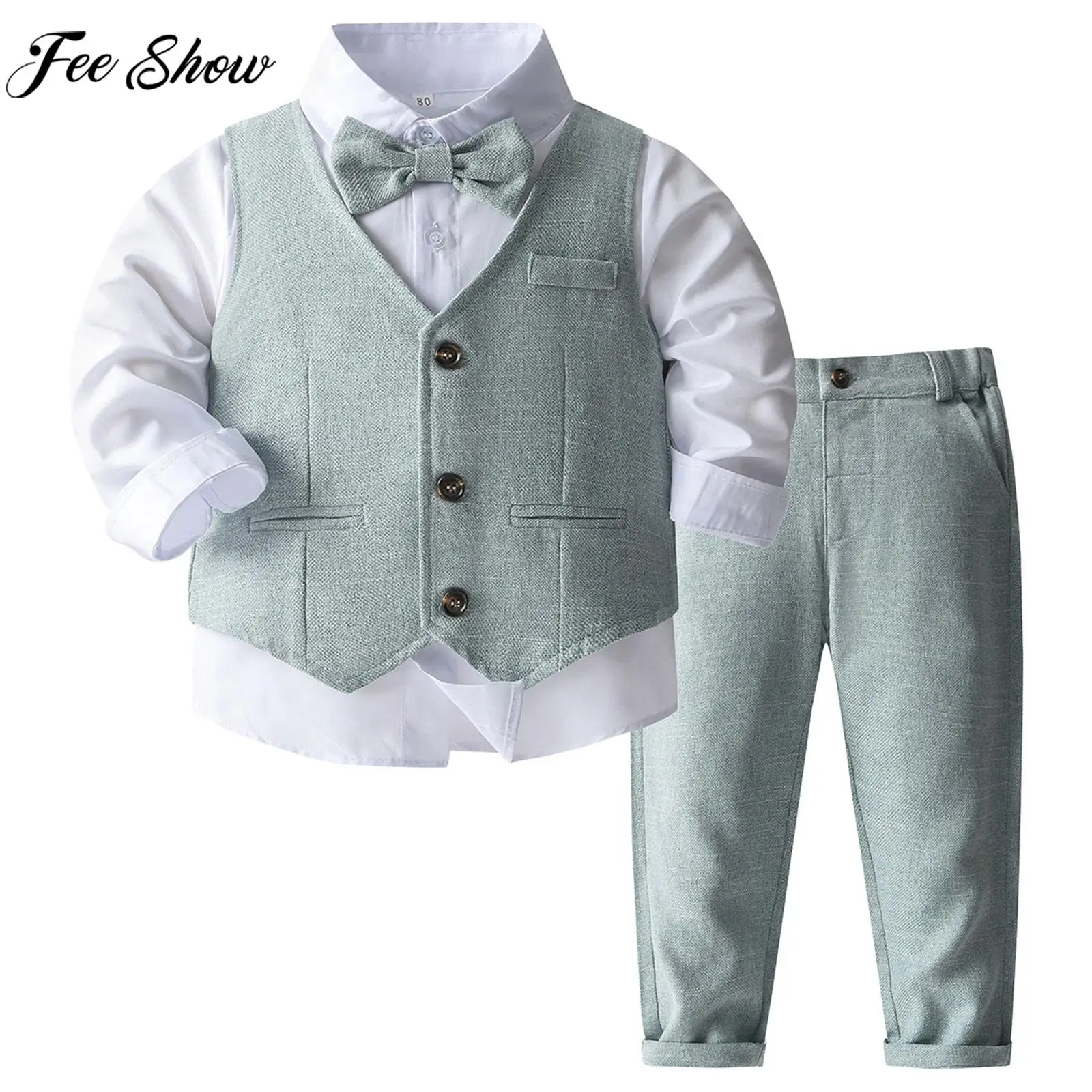 Kids Boys 4Pcs Formal Gentlemen Suit Long Sleeve Shirt with Vest Pants Bowtie for Birthday Wedding Christams Party Performance