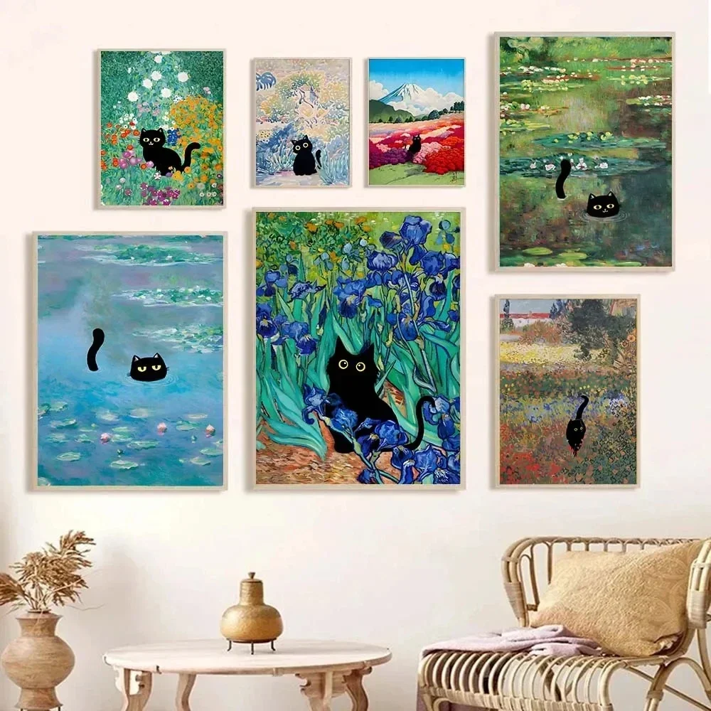 Monet's Works Collection Water Lily Woman Holding A Parasol Black Cat Canvas Oil Painting Print Poster Wall Art Home Decor Mural