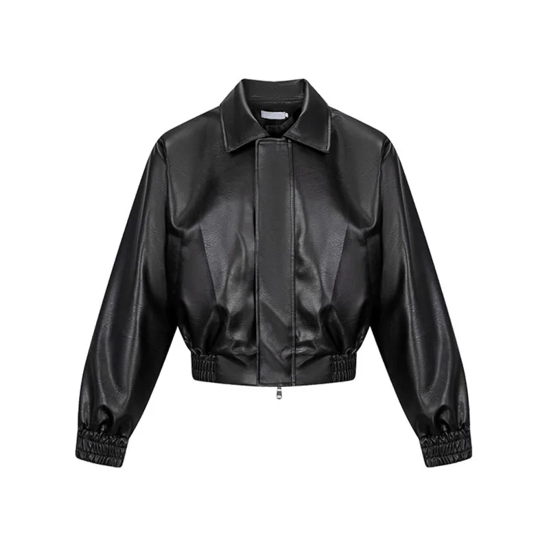Men Faux Leather Coats PU Solid Jacket Turn Down Collar Long Sleeve Zipper Slight Strech Loose Fit Casual Streetwear 2026 Spring - view 5