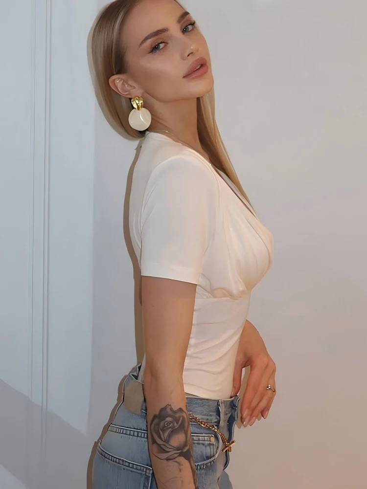 JULISSA MO Sexy Deep V-neck Ruched Women Bodysuit Khaki Short Sleeve High Waist Playsuit Autumn Slim Elegant Party Clubwear 2025