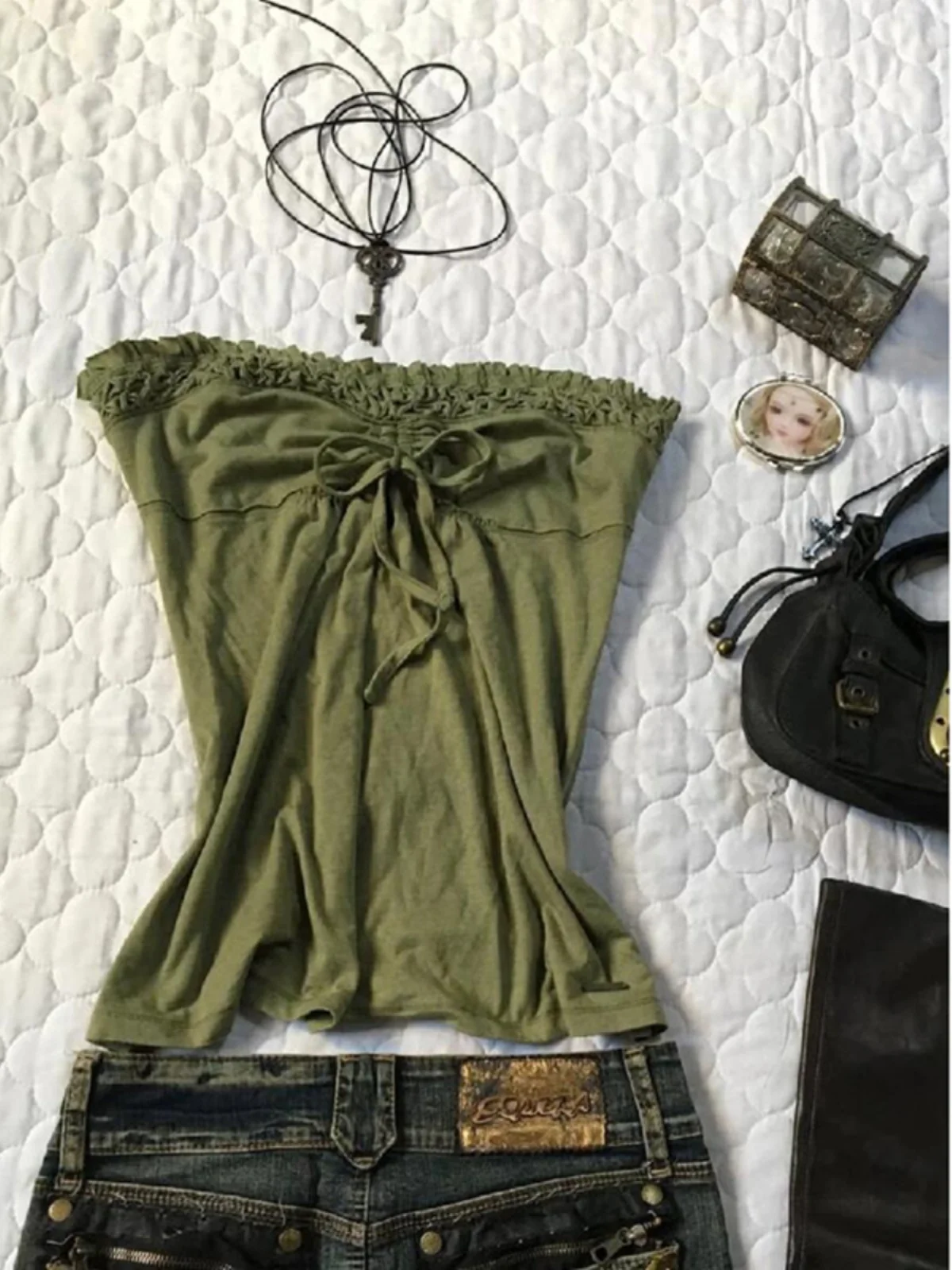 

Original een One-oulder Tube Top Fairy Forest System Vintage Retro Sle Women's Vest Strap Faion Cotton Blend Spring S...