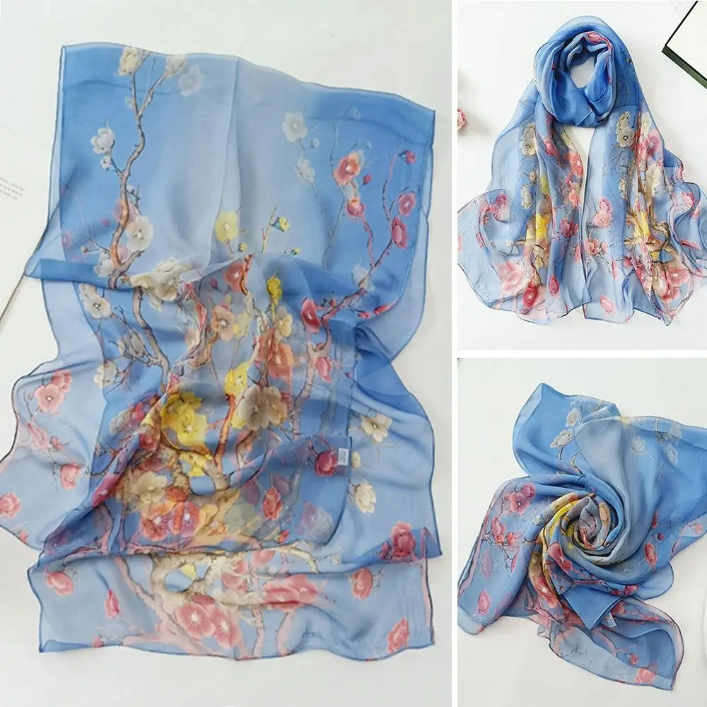 

Summer Embroidered Silk Scarf Sun-Resistant Smooth Long Wraps Silk Breathable Sunscreen Hijab for Women