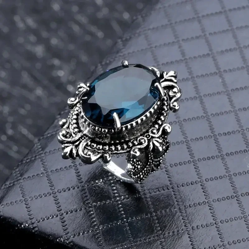 2024 Bohemia Blue Rings for Women Aesthetic Caved Pattern Design Fancy Anniversary Gift Ethnic Finger Accessories Lady Jewelry