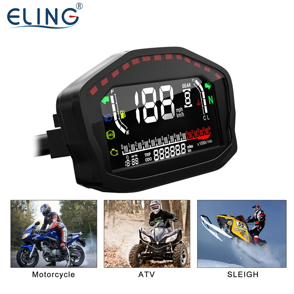 ELING LCD GPS Speedometer Tachometer Fuel Level Water Temp Mileage Multi-Function Display for Motorcycle Vehicle with Alarm