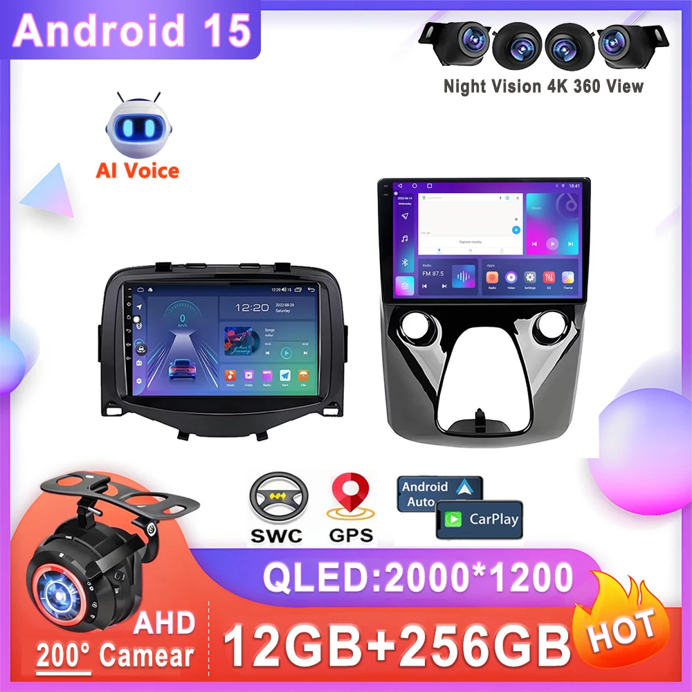 Android 15 For Peugeot 108 For Citroen C1 For Toyota Aygo 2014 - 2021 Multimedia Navigation GPS Auto Radio Player Car Stereo BT