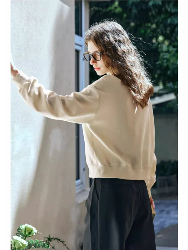OLrain Women's Apricot New in Sweatshirt Autumn 2025 Casual Long Sleeve Polo Tops Knitted Print Ladies Sweatshirts G24CR89986