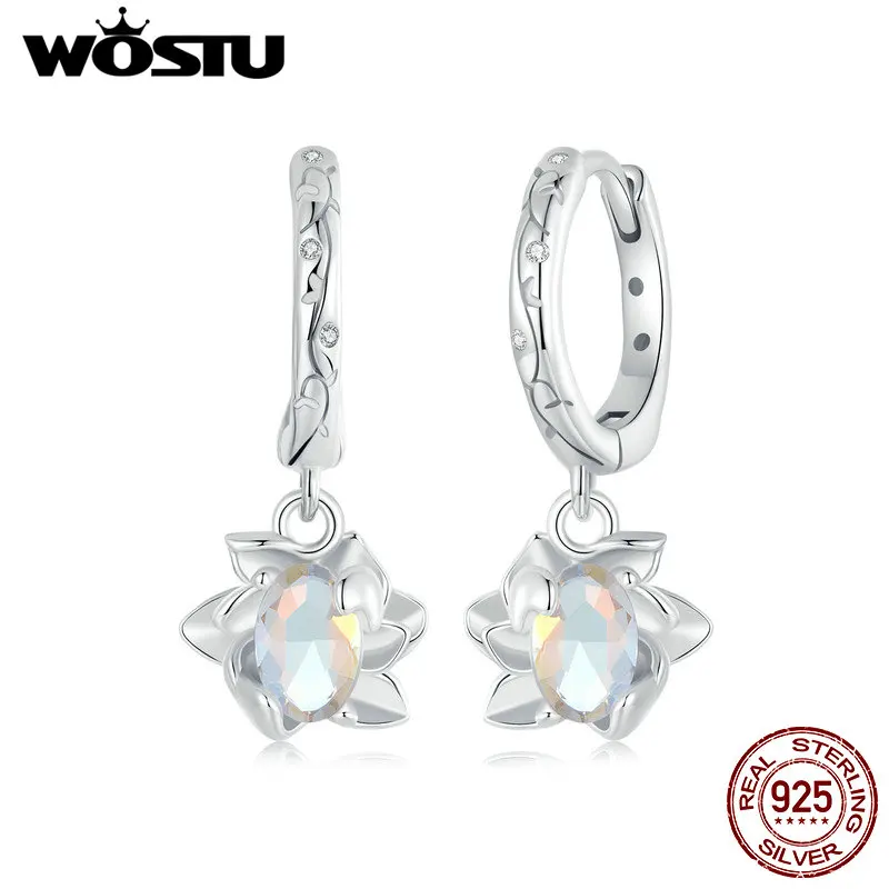 WOSTU 925 Sterling Silver Rainbow Crystal Lotus Drop Dangle Earrings For Women Gorgeous Flower Hoop Earring Wedding Jewelry Gift