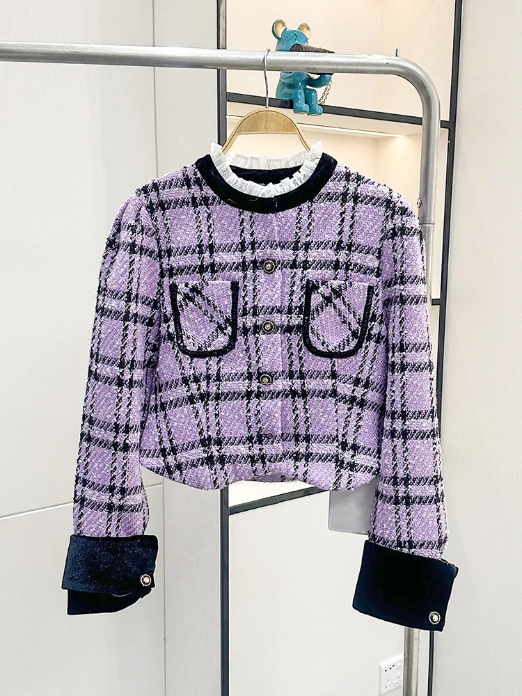 

Plaid Women Stand Collar Short Jacket Fashion Splices Long Sleeve Single Breasted Spring New 2024 Lady Vintage Coat with Pockets