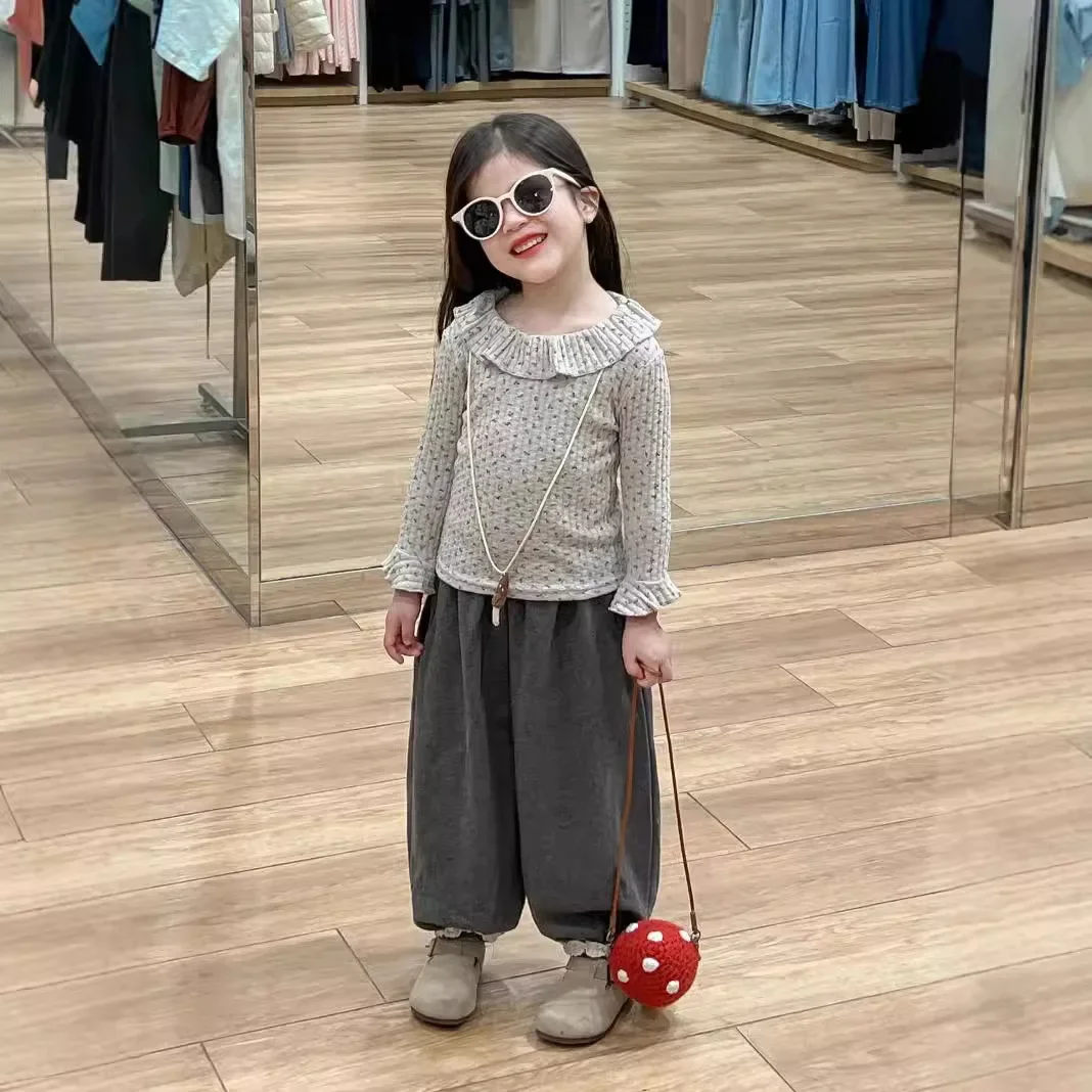 Shirt and Sweatpants Autumn Sweet Grey Collar Knitted Doll Top Leg Tied Lace Sweatpants Kids Clothes Girls