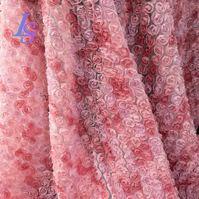 Little Rose 3D Flower Mesh Fabric Gradient ricamato scialle Dress Stage Costume Designer Fabric