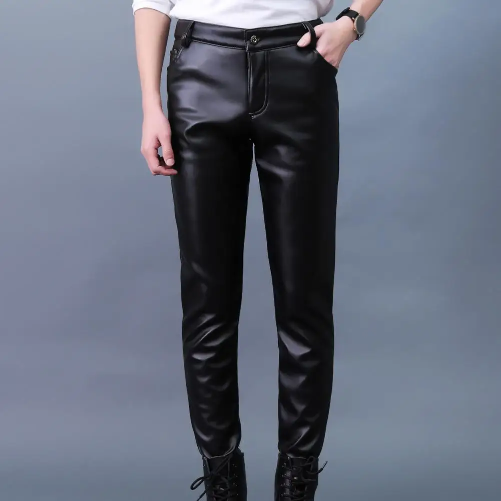 

Men Pants Leather Smooth Solid Color Slim Fit Pockets Mid Waist Soft Breathable Elastic Motocycle Streetwear Club Long Trousers