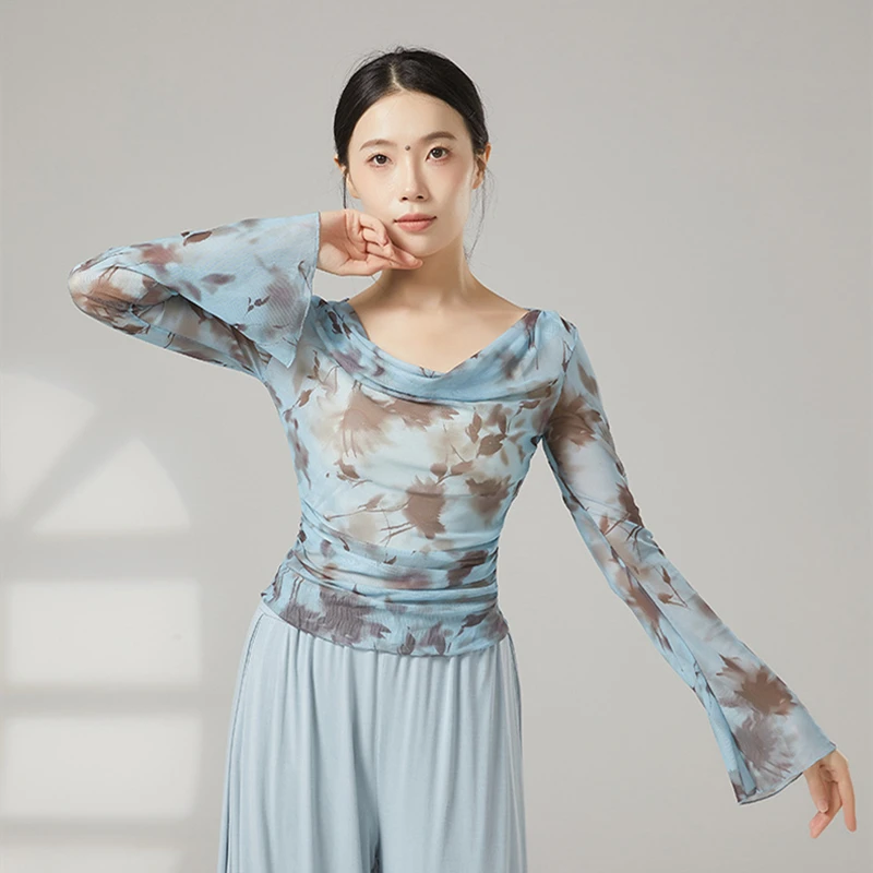 Womens Long Flared Sleeve Mesh Blouse Saree Dance Top Leaf Printed Sheer Shirt Flowy Practice Costumes Slim Daily Casual Clothes