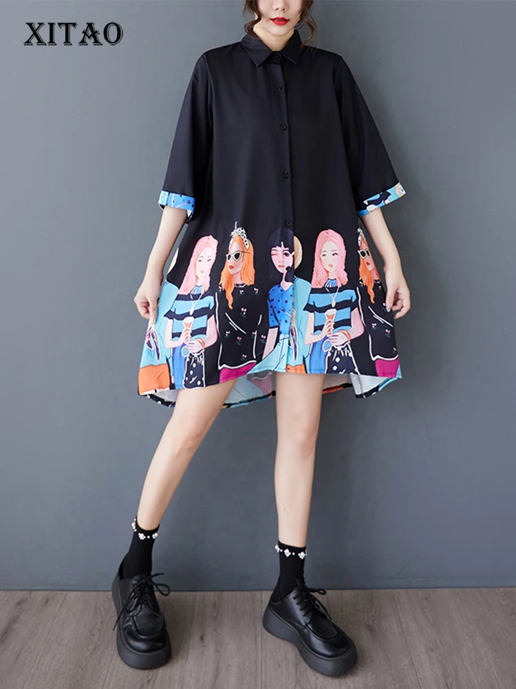 

XITAO Print Single Breasted Loose Female Dress Half Sleeve Turn-down Collar Casual Cartoon Summer Women Irregular Dress ZMY1218